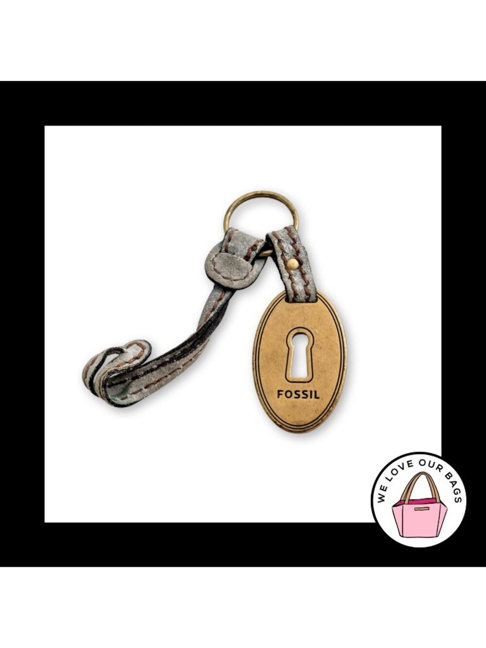FOSSIL KEY Gold Brass Metal Gray Leather Strap Bag Charm Hang Tag Keychain Fob